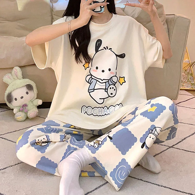 Sanrio-Conjunto de pijama de Pochacco Kawaii para niña, ropa de estar por casa de algodón suave, dibujos animados, regalo de cumpleaños