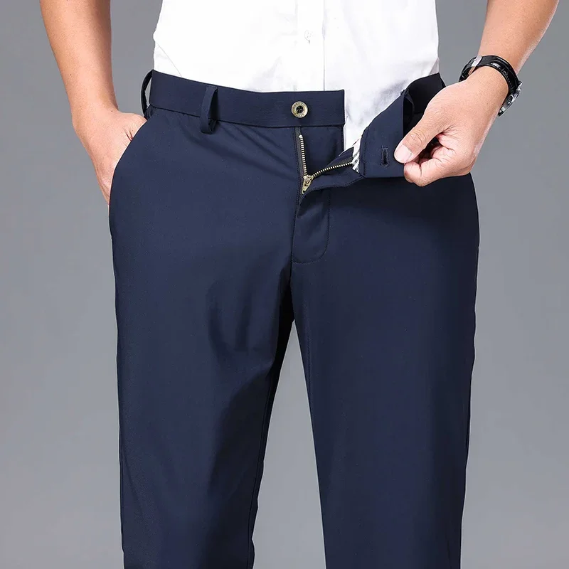 Summer Casual Men\'s High Stretch Straight Business Office Pants Ultra Thin Quick Drying Ice Silk Suit Pants Brand Male Trousers