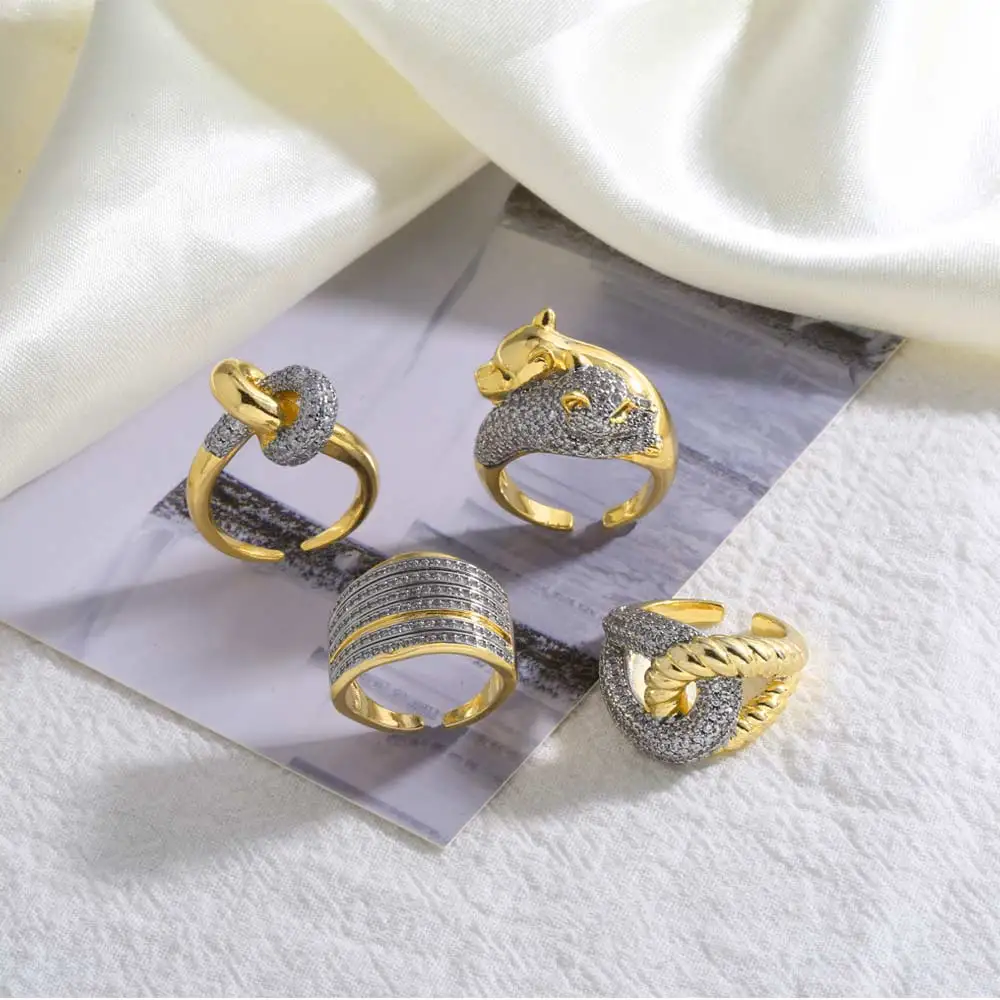 OCESRIO Fashion White Crystal Leopard Statement Rings for Women Copper Gold Plated Crossover Open Ring Jewelry Gift rigs89