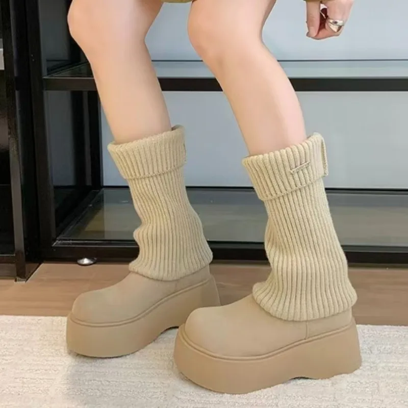 

Women's Thick Soled High Heels Elastic Boots, Short Boots, Round Toe Flat Platform Imitation Deer Skin Youth Shoes