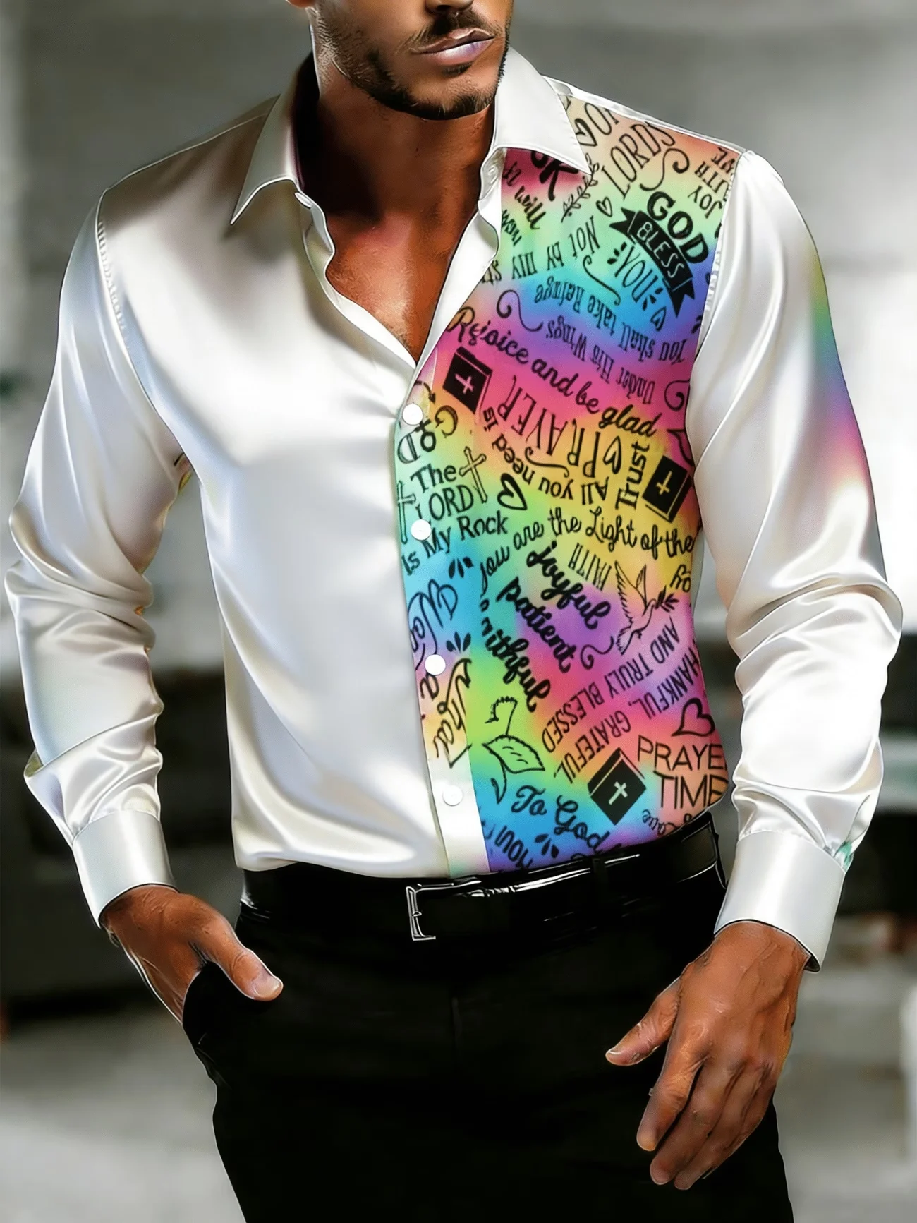 New black background fluorescent green pixel checkered mottled print men's lapel casual long sleeved shirt