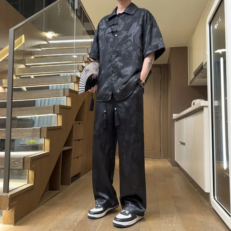 Dragon-patterned Ice Silk Set for Men, Summer Thin New Chinese Style Outfit, Short-sleeved Shirt with Cuffed Pants, Complete Set