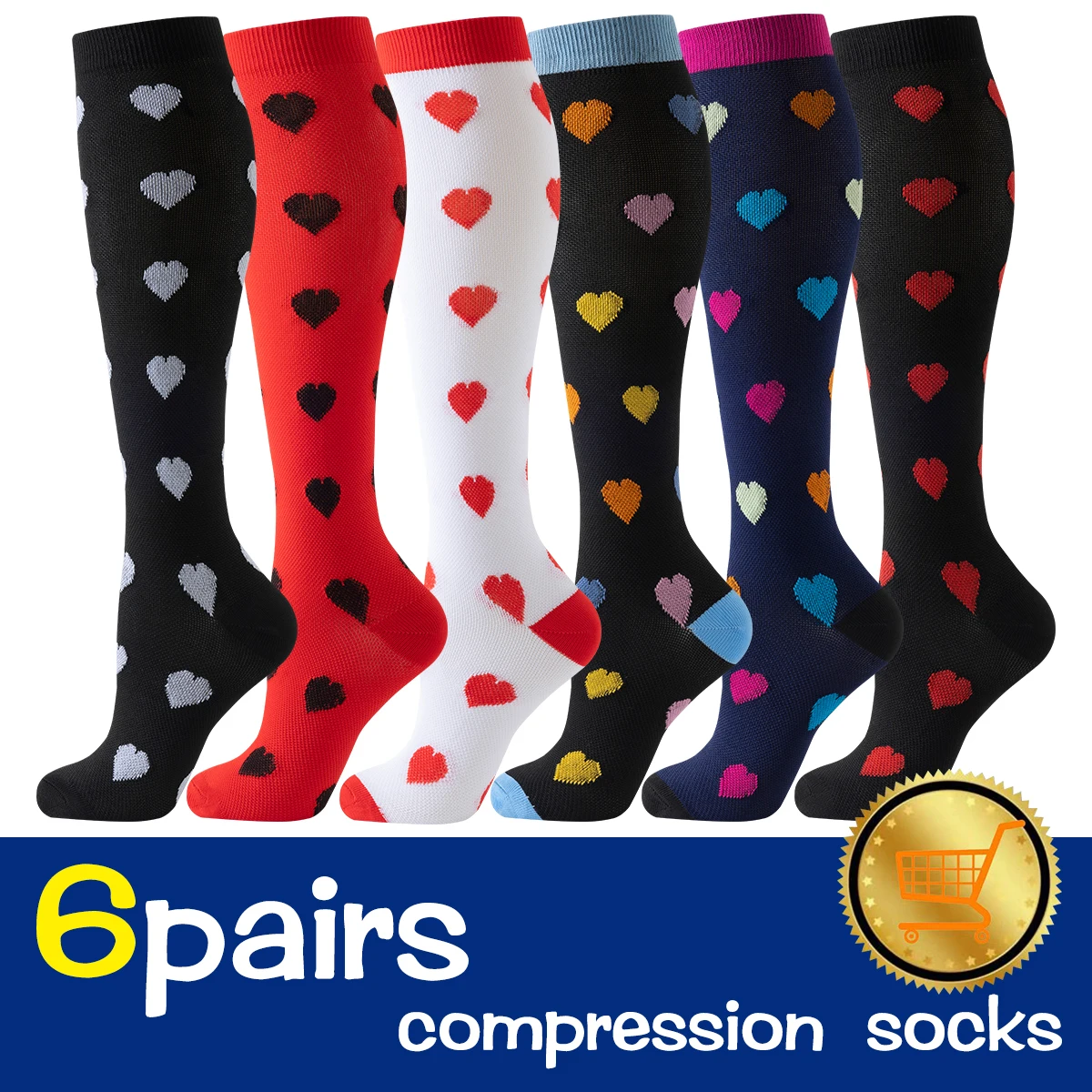 

6 Pairs Heart Compression Socks Women Nurse Compression stocking Breathable Knee High Socks Women Sports Nurse Compression Socks