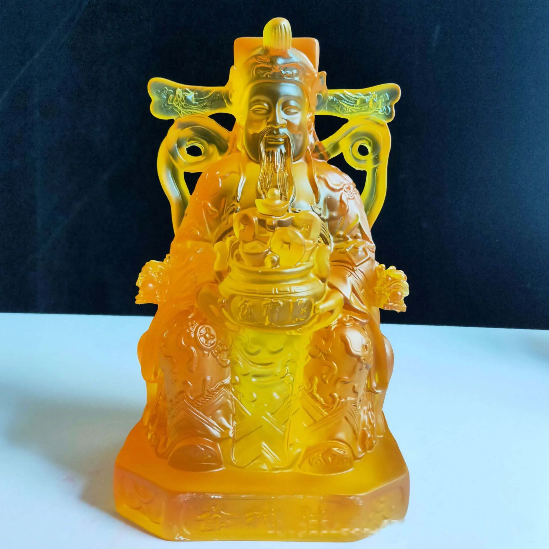 

25cm Asia home company GOOD LUCK Mammon Shrine altar Worship yellow crystal CAI SHEN YE God of wealth buddha statue