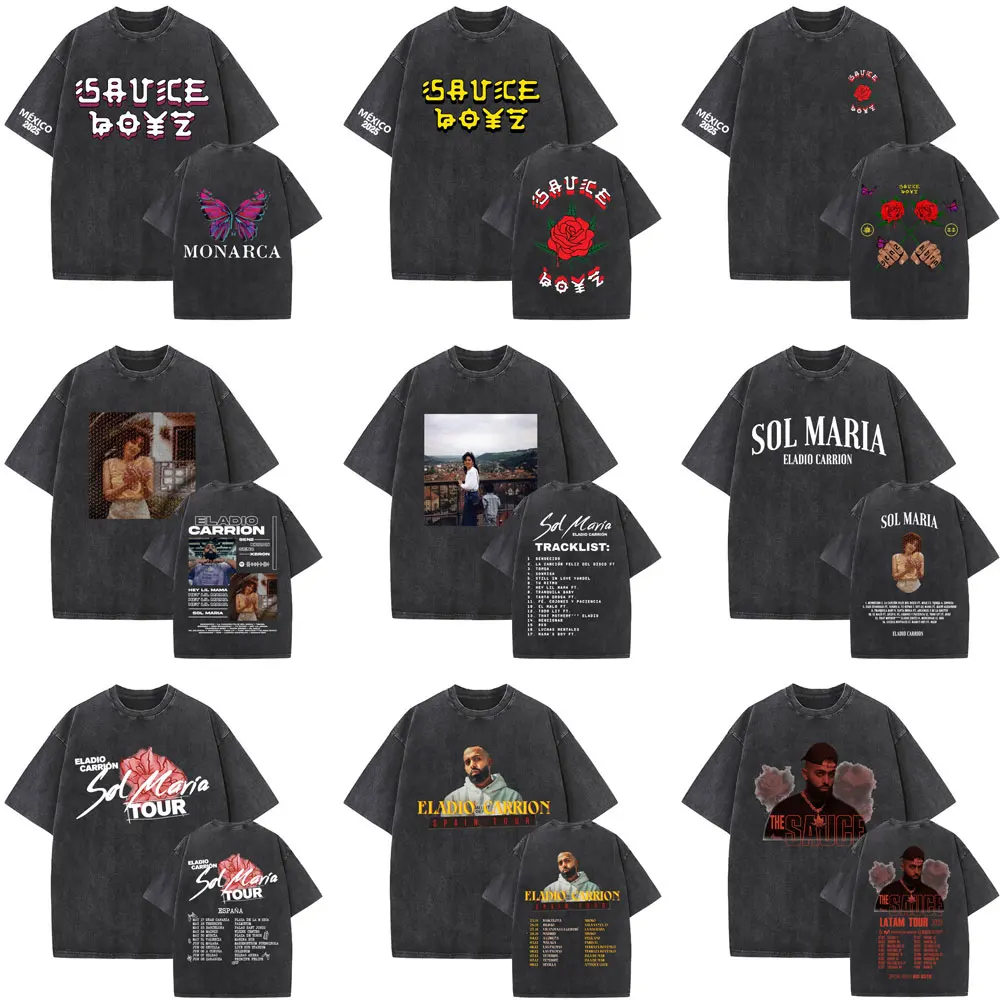 

Rapper Eladio Carrion DON KBRN Sol María Monarca Sauce Boyz 2025 Retro Washed T Shirt Men Hip Hop Oversized T-shirt Streetwear