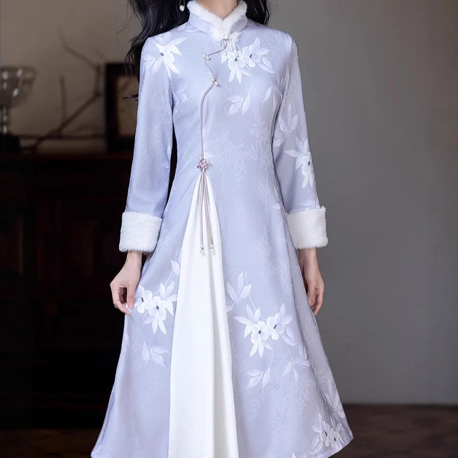

Improved Purple Aodi Qipao Women Elegant Flower Print Chesongam New Chinese Style Dress Autumn Winter New Vestidos Hanfu Dress
