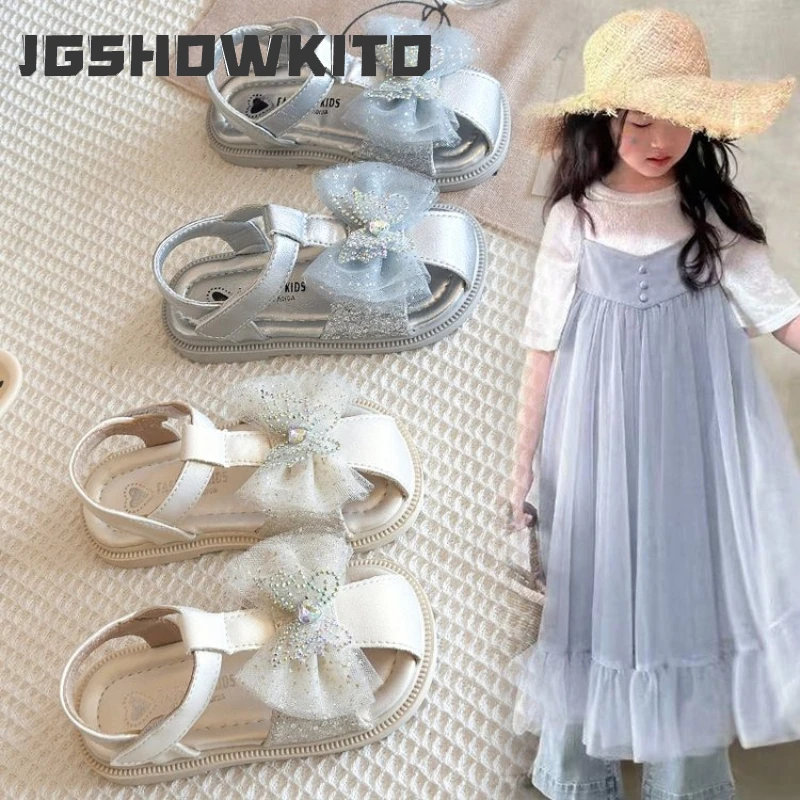 

Летние школьные сандалии JGSHOWKITO для девочек, с пайетками и бантом, детские туфли со стразами, открытые, нескользящие, для выступлений