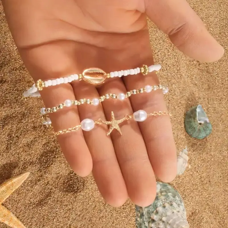 

Bohemian Seaside 3Pcs/Set Multilayer Starfish Shells Anklet Set for Women Gold Color Rice Beads Foot Chain Summer Jewelry Gifts