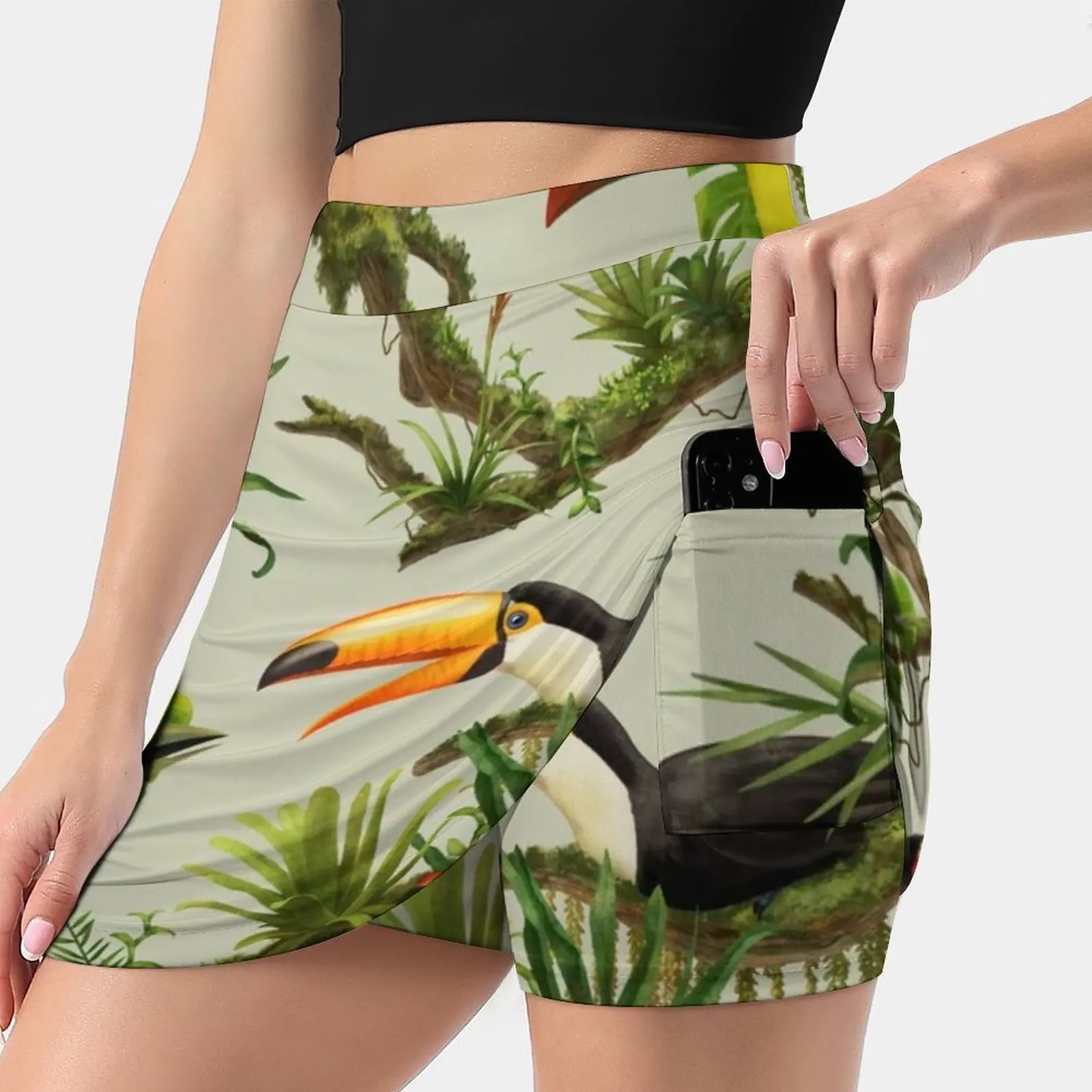 Toucans And Bromeliads-Canvas Background Women's skirt Y2K Summer Clothes 2022 Kpop Style Trouser Skirt With Pocket Toucan