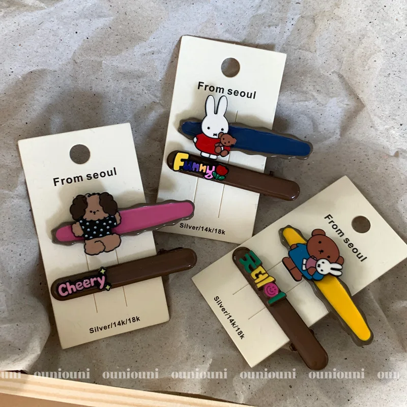 2 pçs coreano kawaii miffy coelho urso hairpin bonito metal franja hairpin borda novo para presentes da menina