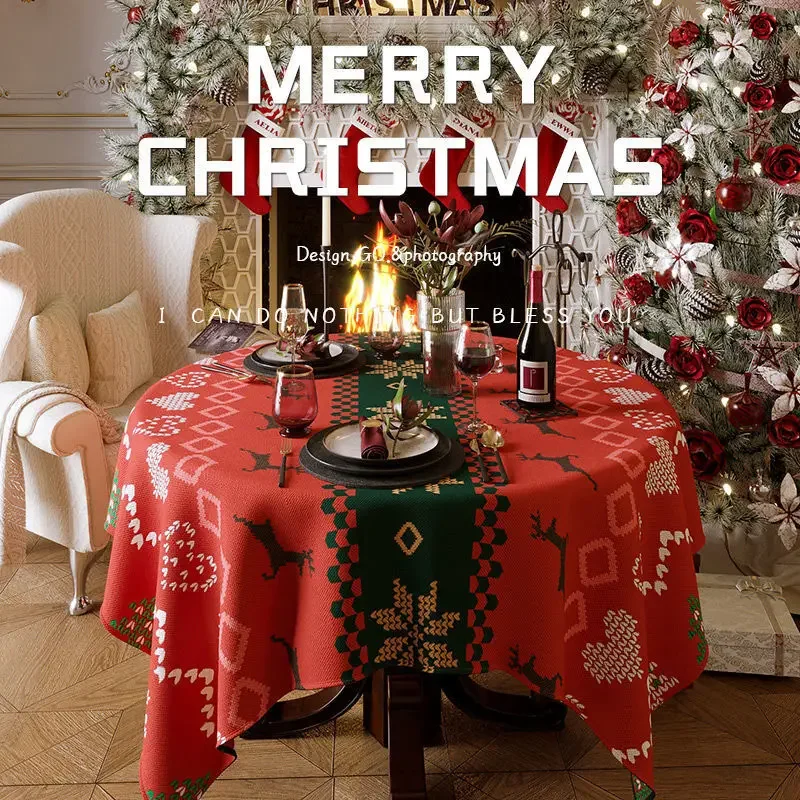 FC6Christmas Tablecloth New Year's Tea Dining Round And Square Table Decoration Red Green Elk Snowflake Christmas Eve Plaid@FC8！