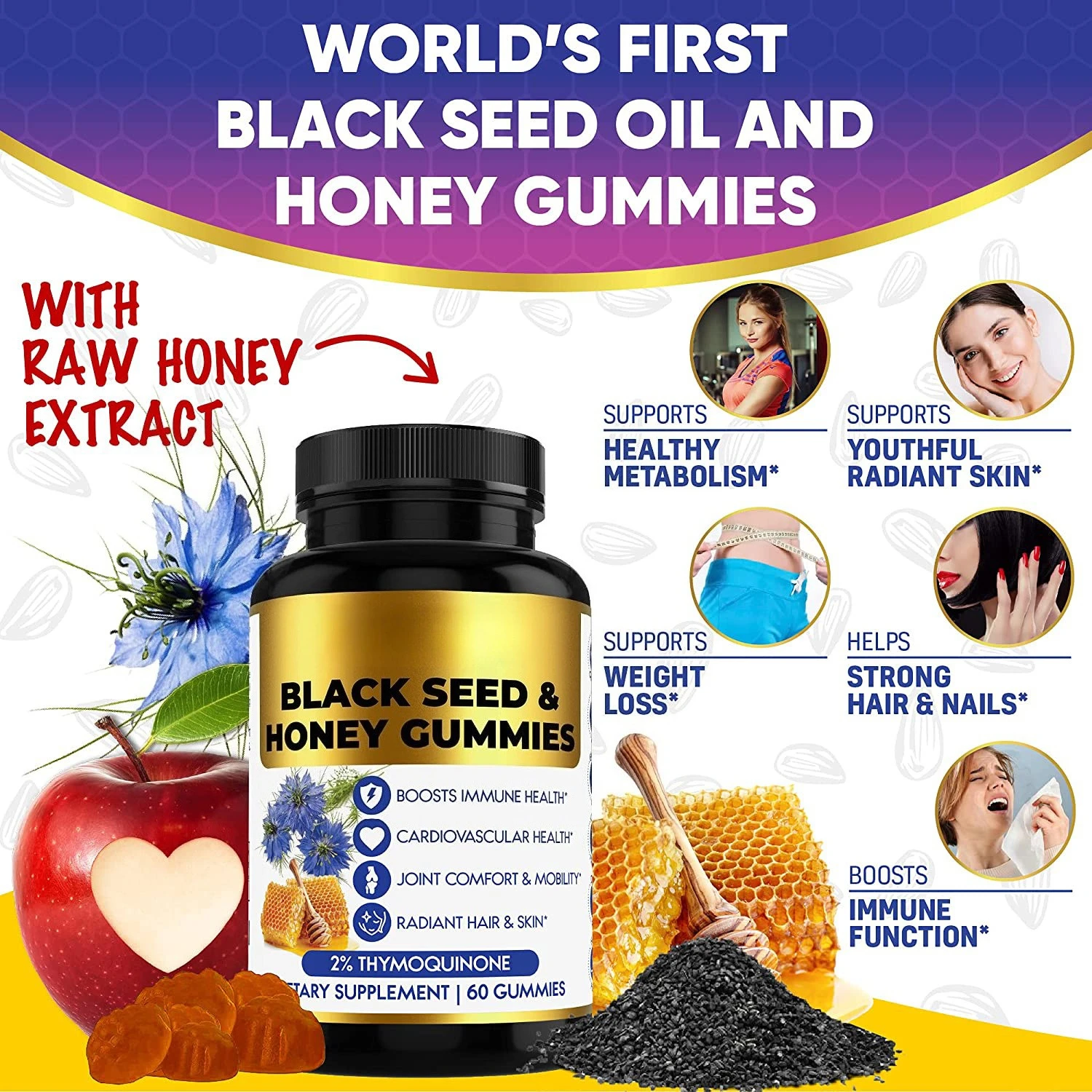 

Black Seed Honey Gummys 60PCS Liver Health and Detoxification Immunity and Digestive Health Hair Growth