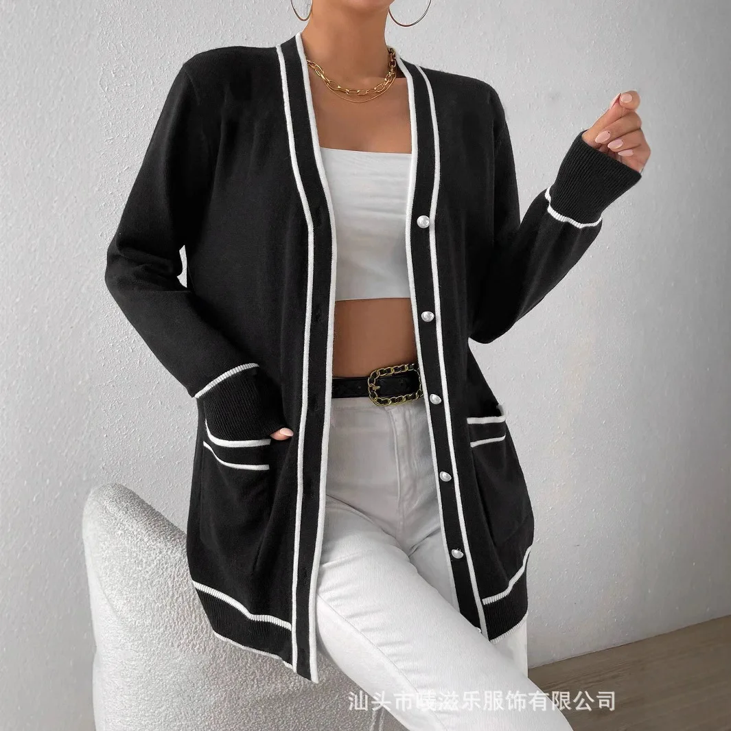 

Женский свитер с v-образным вырезом, свободная вязаная куртка, повседневный однотонный кардиган с карманами и длинными рукавами, одежда Automne Femme, однотонные топы