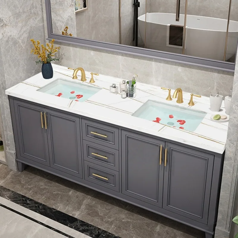 Light luxury slate mirror bathroom cabinet combination oak floor-standing simple double basin high-end sink