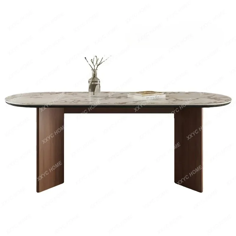 Retro Wabi-sabi Wind Solid Wood Walnut Travertine Rock Slab Home Dining Table