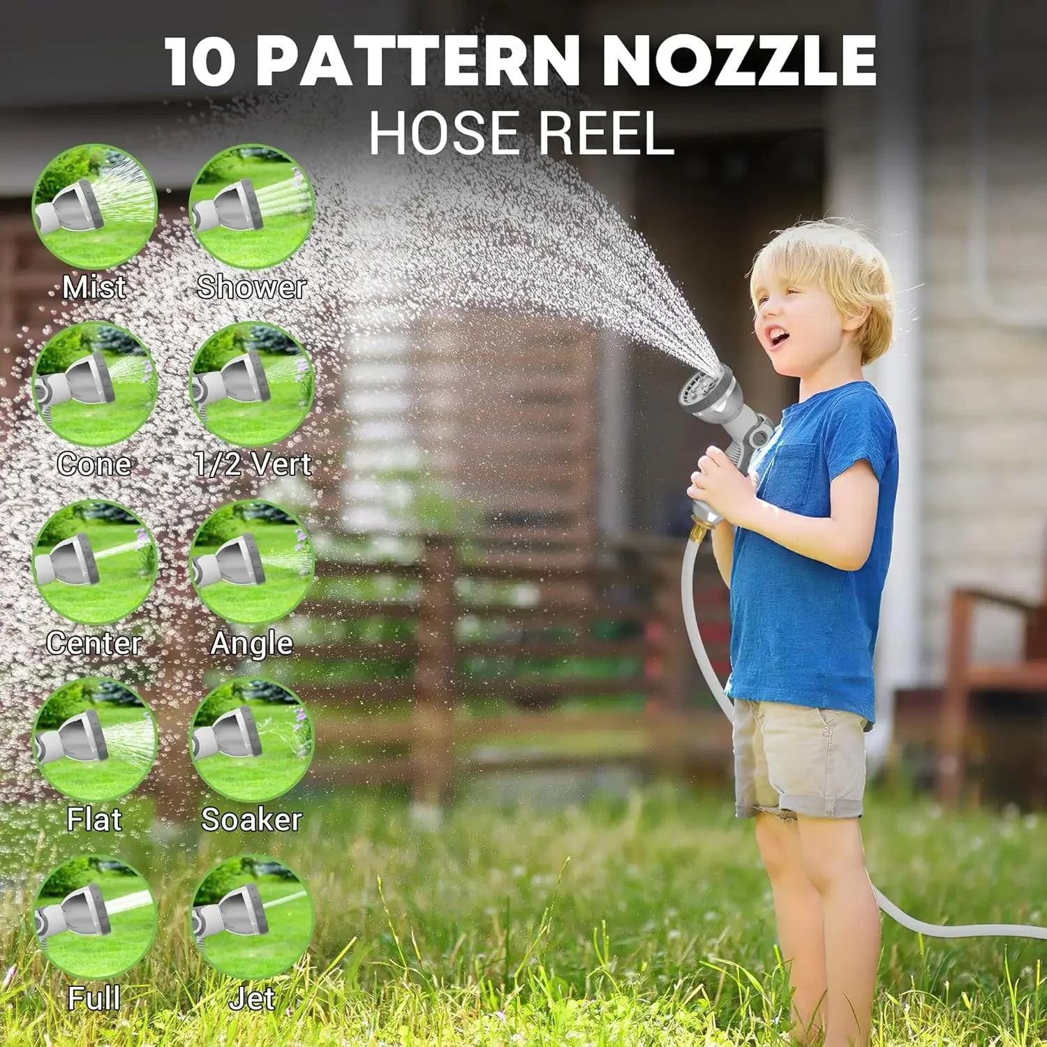 Retractable Garden Hose Reel, 1/2 in x 100 ft Wall Mounted Garden Hose Reel, with 10 Pattern Nozzle, Any Length Lock, Slow