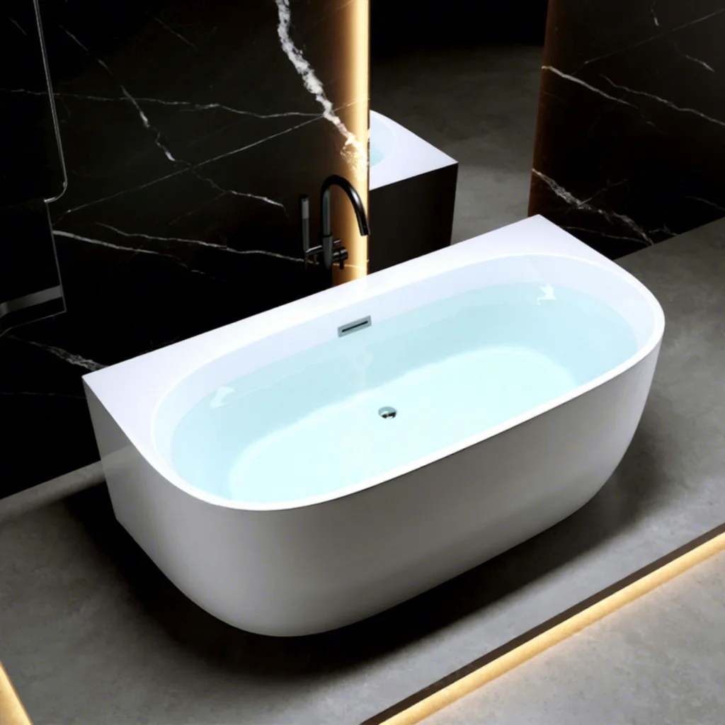 Gloss White Modern Rectangle Double Ended Back-to-Wall Freestanding Soaking Bath With Panel