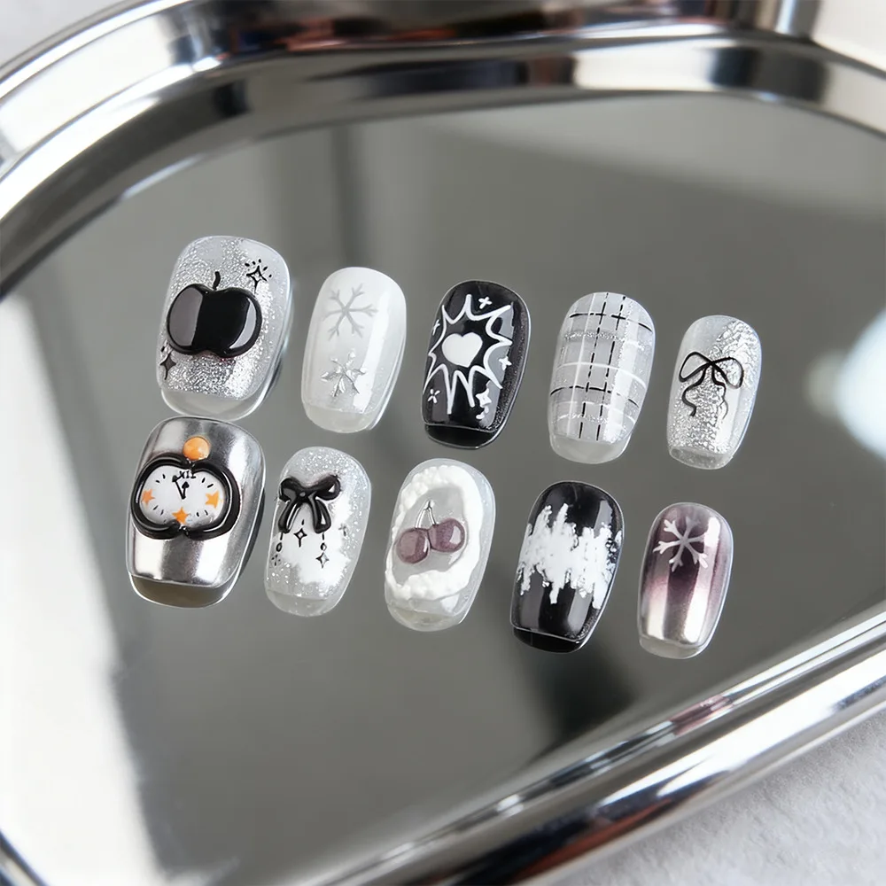 24Pcs Short Square Head Full Cover Nails Tips Pomelo Lemon Polka Dot Design False Nails Detachable Finished Press on Fake Nails