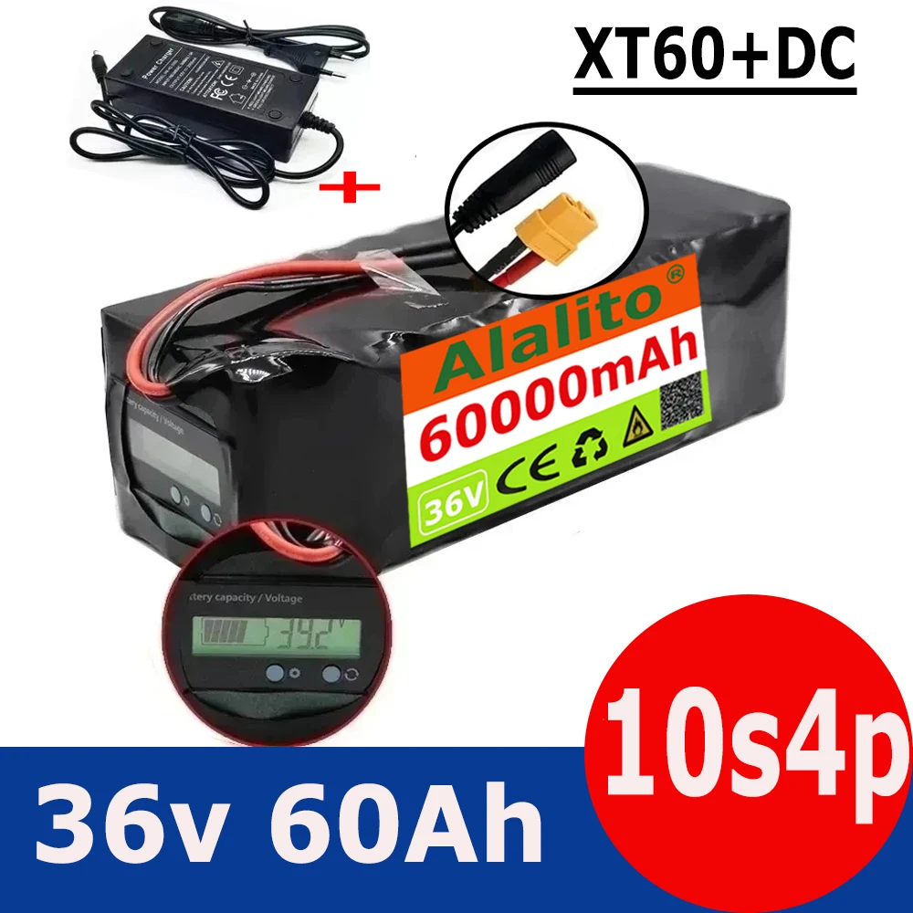 36V Battery 10S4P 60Ah Battery Pack 500W High Power Battery 42V 60000mAh Ebike Electric Bicycle xt60 BMS with Capacity Indicator