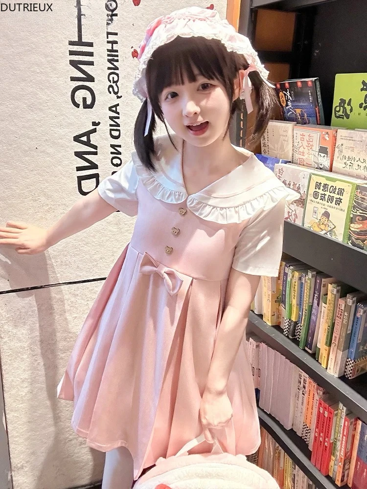 

Age-reducing College Style Pink Slim-fit Dresses Japanese Original Design Sweet and Cute Navy Collar Short-sleeved Dress