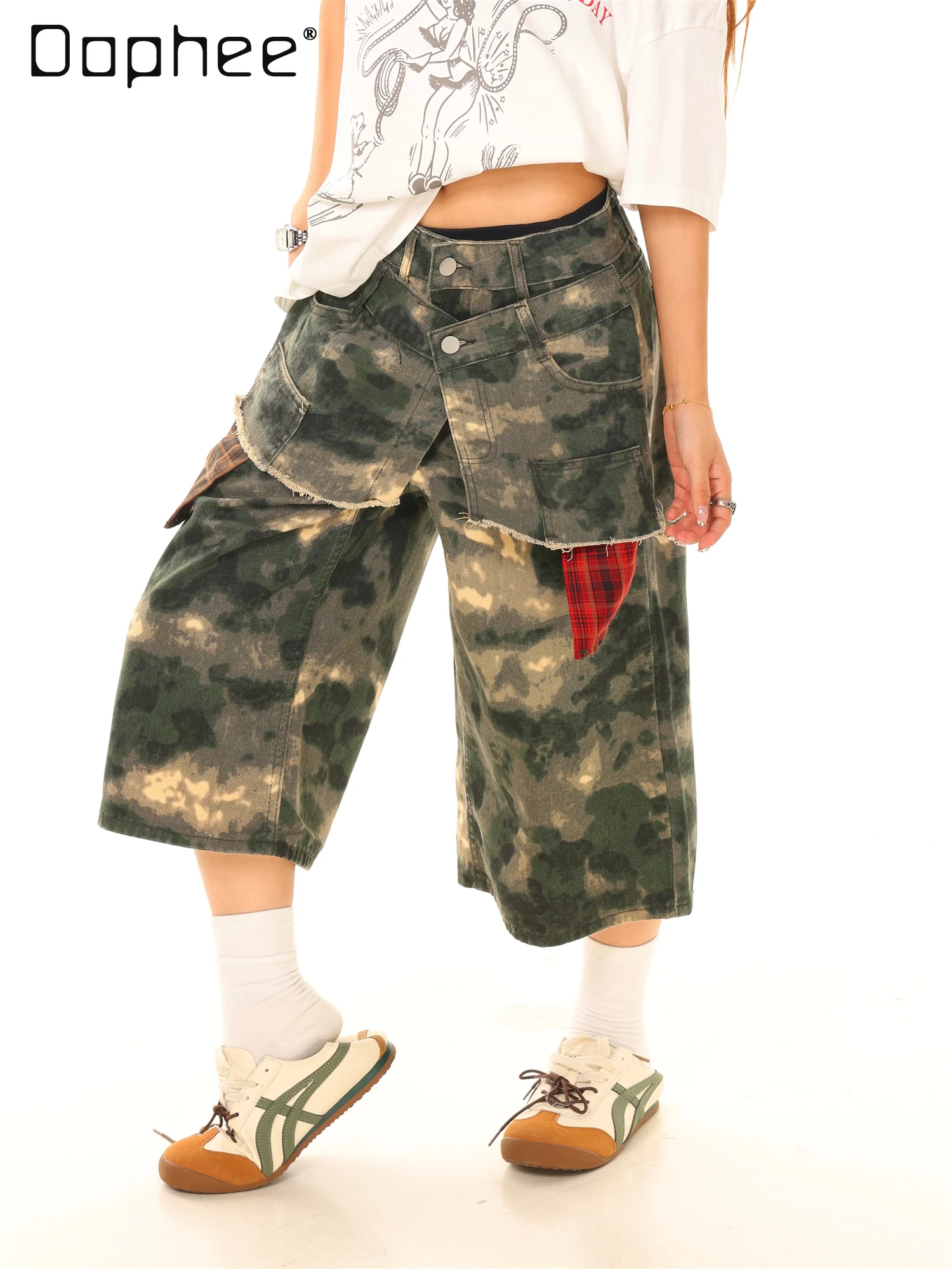 

American Retro Camouflage Spliced Denim Cropped Pants Women Summer New Street Personality Punk Style Fashion Wide-leg Pants