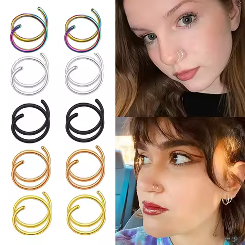 5/1pcs Stainless Steel Double Nose Hoop Ring Silver Color Spiral Nose Hoop Set for Women Men Nostril Piercing Jewelry