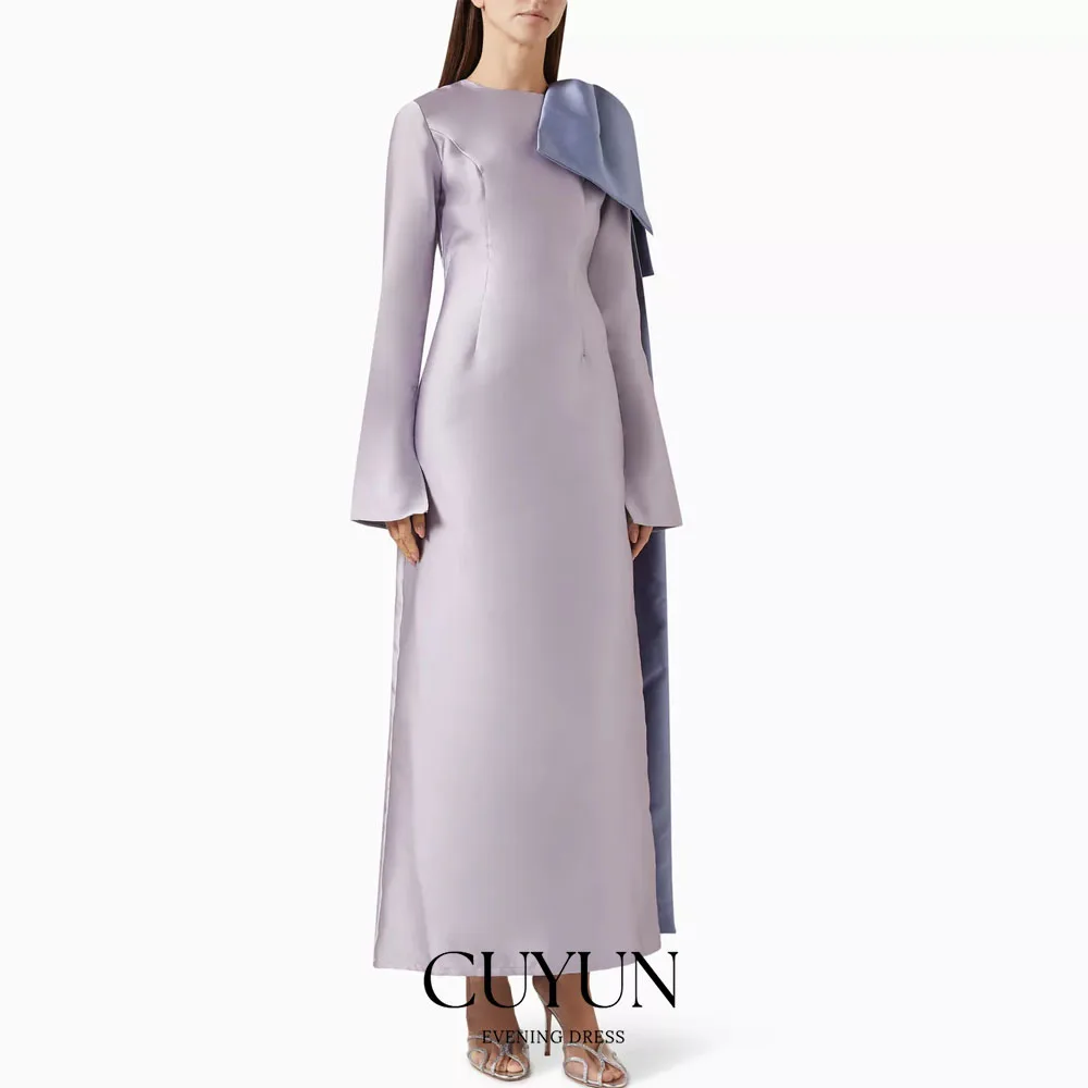 

CUYUN Customized Purple Satin Evening Gown O-Neck Long Sleeves Ankle-Length Prom Party Gown Women Formal Event Dresses 2026