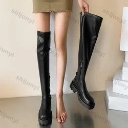 Women Elastic-over-the-knee Boots Fashion Chunky Knee High Chelsea Boots Women Winter Trend Thigh-high Winter Leather Booties