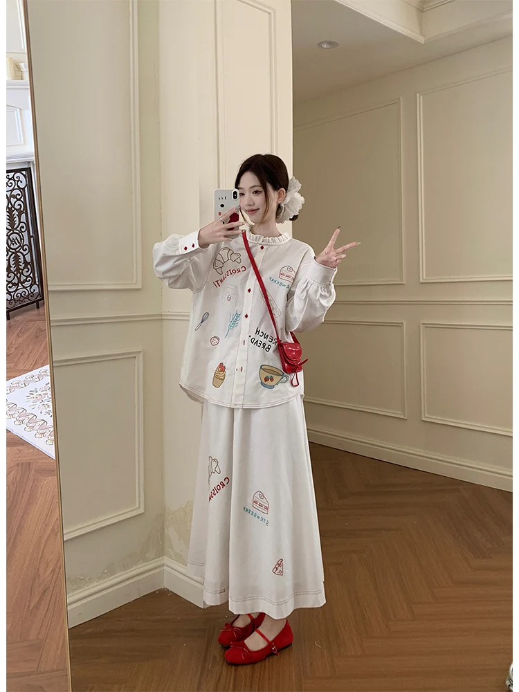 SALIENCY Retro Colorful Embroidery Skirt Set Female Summer 2025 Elegant Pring Stand Collar Shirt A-line Mid-length Skirt Outfit