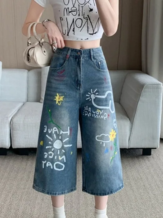 

Korean Style Graffiti Print 7/8 Length Jeans Women's Summer New Loose Slimming Versatile Wide Leg mid Short Pants