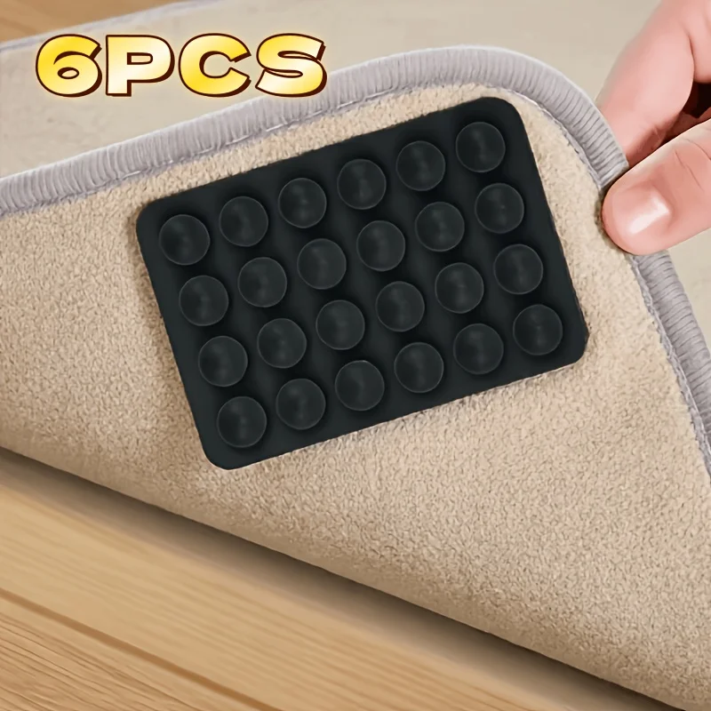 6Pcs Anti-Slip Rug Grippers, Reusable Suction Cup Rug Pads, Prevent Curling for Hardwood Tile Marble Cement, Corner Sticker