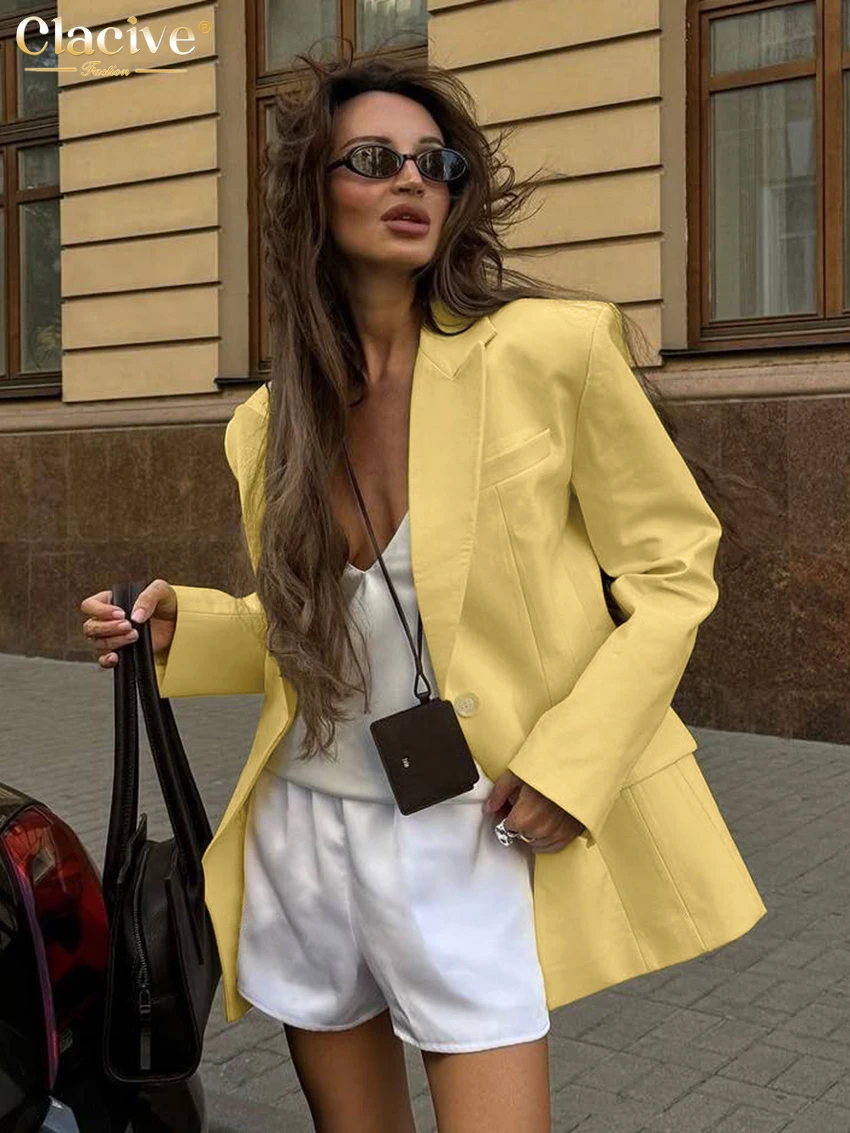 Clacive Winter Loose Yellow Cotton Office Women\'s Blazer Fashion Lapel Long Sleeve Blazers Elegant Classic Top Female Clothing