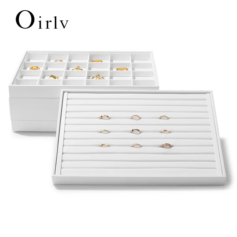 Oirlv White Premium Leather Stackable Jewelry Tray Multifunction Jewelry Drawer Organizer Trays Rings Earrings Storage Props