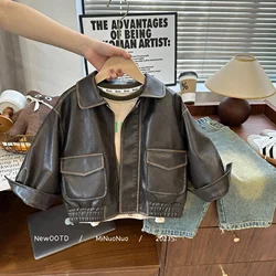 2023 New Kids Clothes Coat American Style Tops Retro Turn Down Collar Solid Color Leather Unisex All-match Autumn Jacket