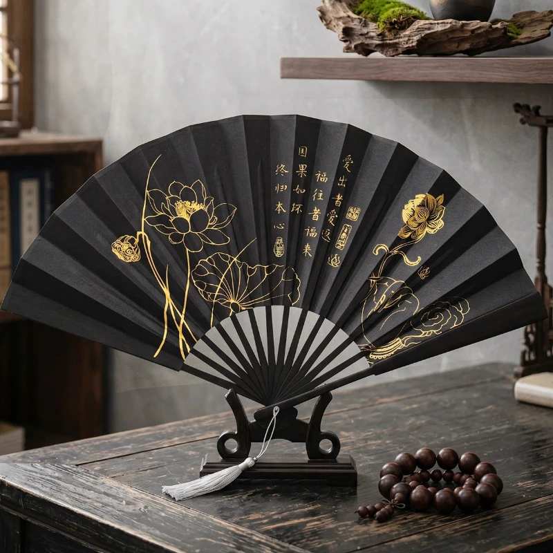 Black Gold Silk Cloth Folding Fan for Men Hanfu Dance Performance Photography Prop Summer Cooling Daily Fan Portable Lightweight