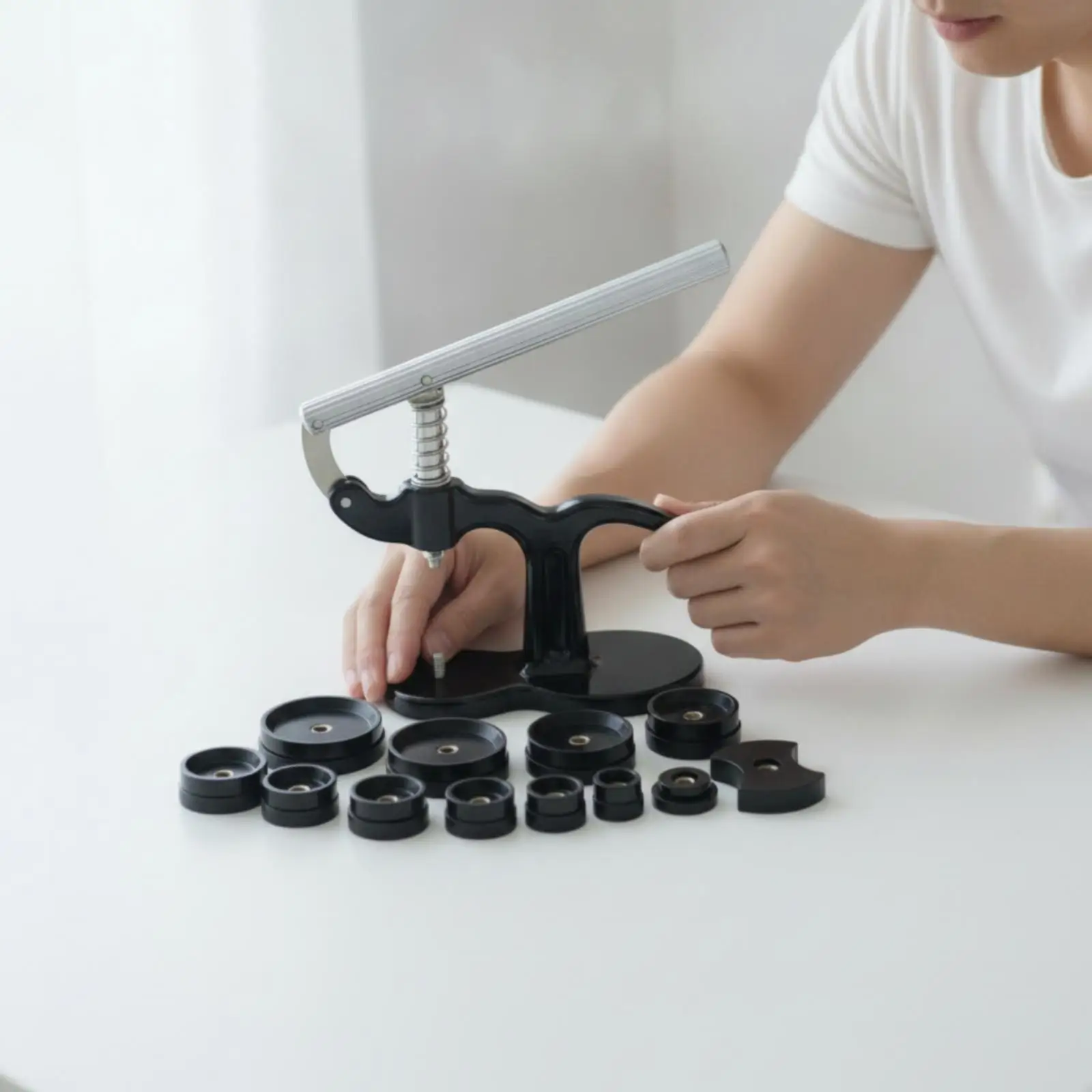 Watch Repair Press Tool with 12 Interchangeable Dies for Closing Watch Backs and Battery Replacement
