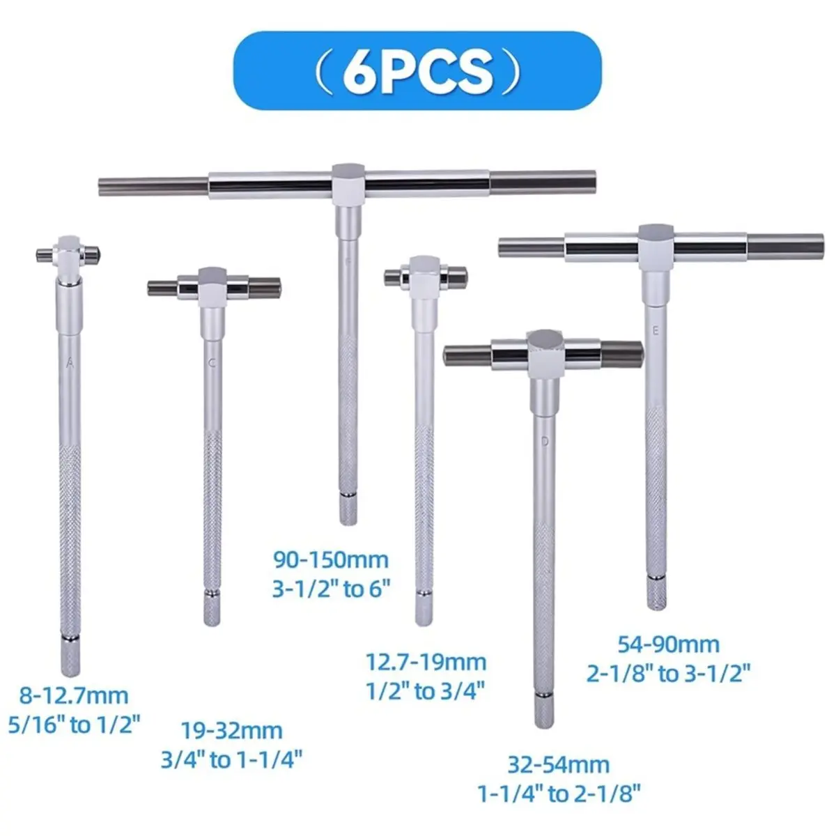 

6Pcs T Bore Hole Gauges Set Bulk , 5/16" - 6" Range, Telescopic Bore Gauge T-Gage Set, Complete Measurement Kit
