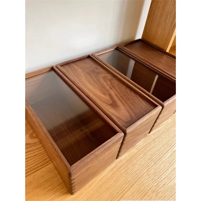 

Push-pull storage box with lid Pure solid wood North American black walnut log wooden box Storage Figure Acrylic cover