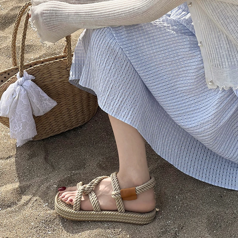 

Женские сандалии, новые летние модные повседневные эластичные сандалии на платформе с толстой подошвой и открытым носком, плетеные эластичные сандалии на шнуровке