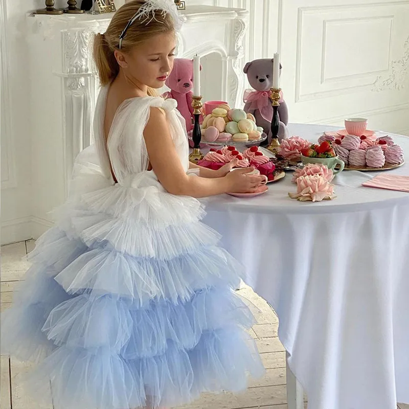 Robes de filles à fleurs dégradées pour mariage, couches de Tulle à volants, bretelles de soirée pour enfants, robes de princesse d'anniversaire de célébrité