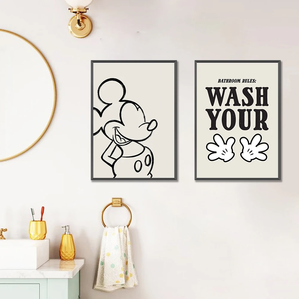 Disney Mickey Bathroom Wall Prints Minimalist In The Bath Posters Quote Wash Your Hands Wall Art Canvas Painting Toilet Decor