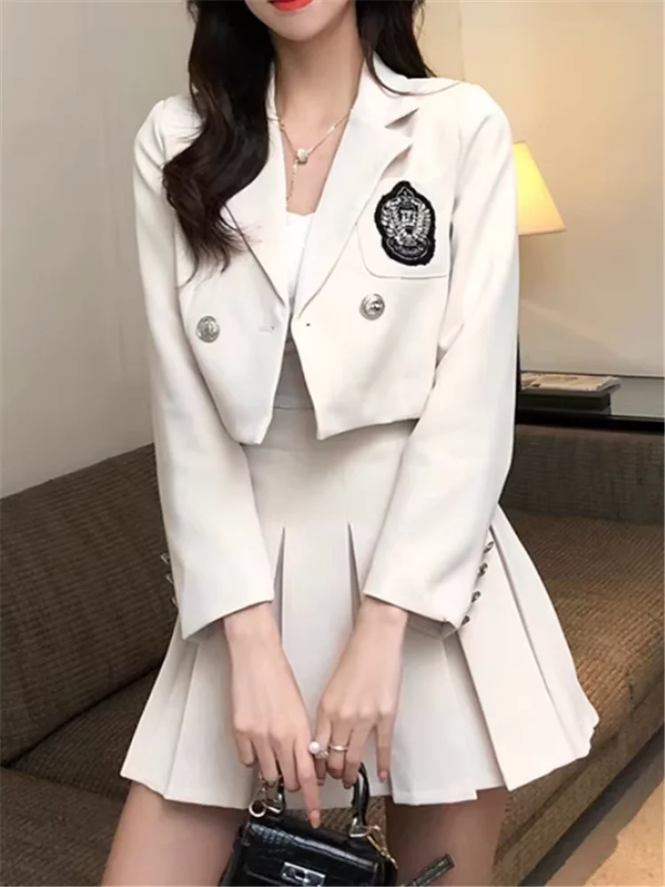 

2026 New Fall Preppy Style 2 Piece Suits Black Beige Grey 2pcs Short Blazer Jacket+High Waist Pleated Mini Skirt Sets Casual