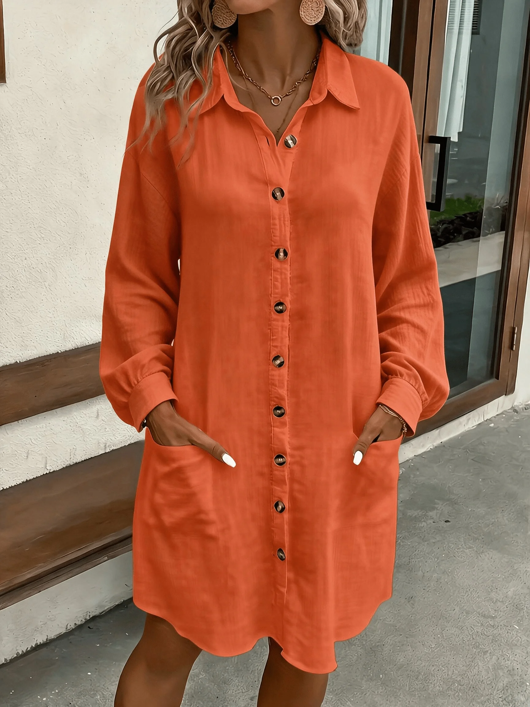 Frühling Sommer Damen Hemdkleid mit Umlegekragen, Locker Geschnittenes Übergroßes Midi-Kleid mit Knopfleiste und Seitentaschen, Lässiges Strandkleid – Detail 9