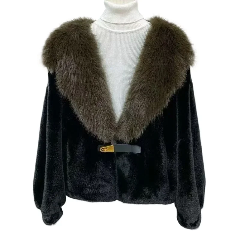 Women' Big Fur Collar Navy Collar Thickened Thermal Jacket Temperament Commuter New European Mink Imitation Mink Fleece Fur Coat