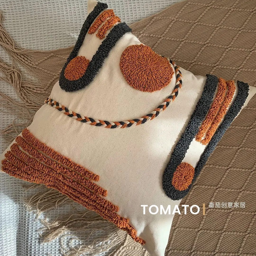 45x45CM/Vintage Nordic Ins Bohemian B & B Style Light Luxury Tufted Hand-painted Cushion Pillow Cover Sofa Fringed Pillowcase