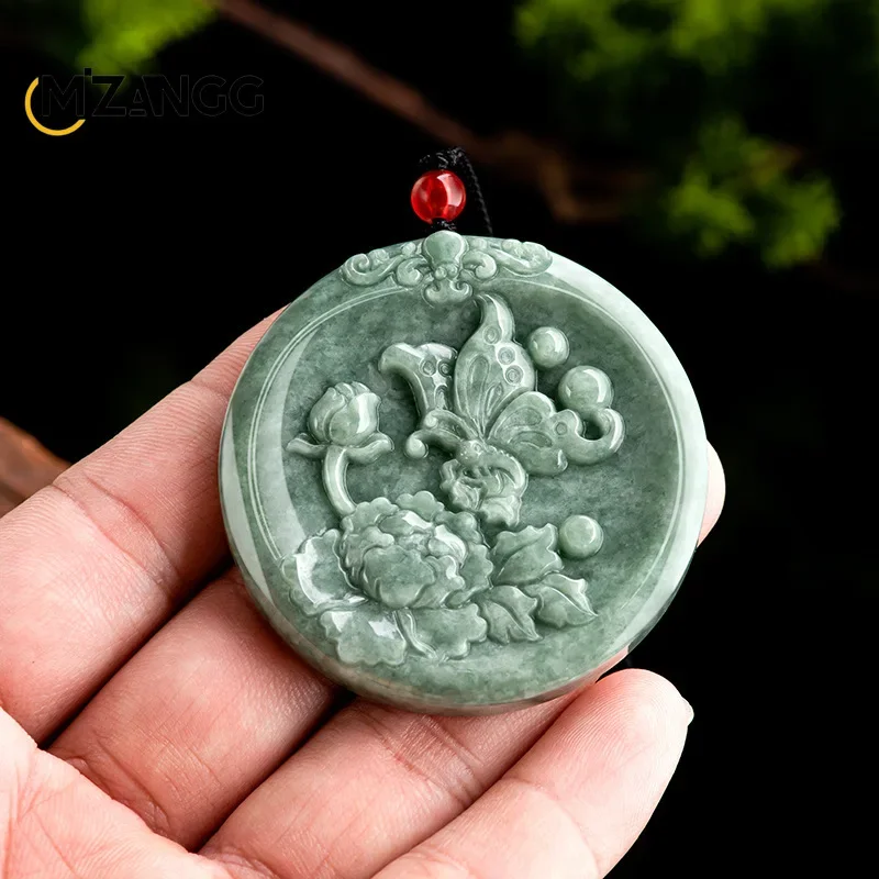 Authentic Natural A Goods Jadeite Butterfly Peony Open Rich Pendant Bean Green Ice Women\'s Jade Necklace Fashion Luxury Jewelry