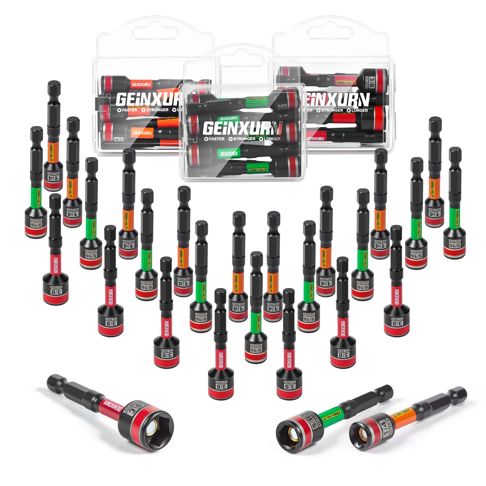 Geinxurn Schlagmuttern-Schraubendreher-Set, 2,56 Zoll lang, 1/4 Zoll, 5/16 Zoll, 3/8 Zoll SAE-Mutterset, 6-Punkt-Legierungsstahl mit tragbaren Aufbewahrungskoffern