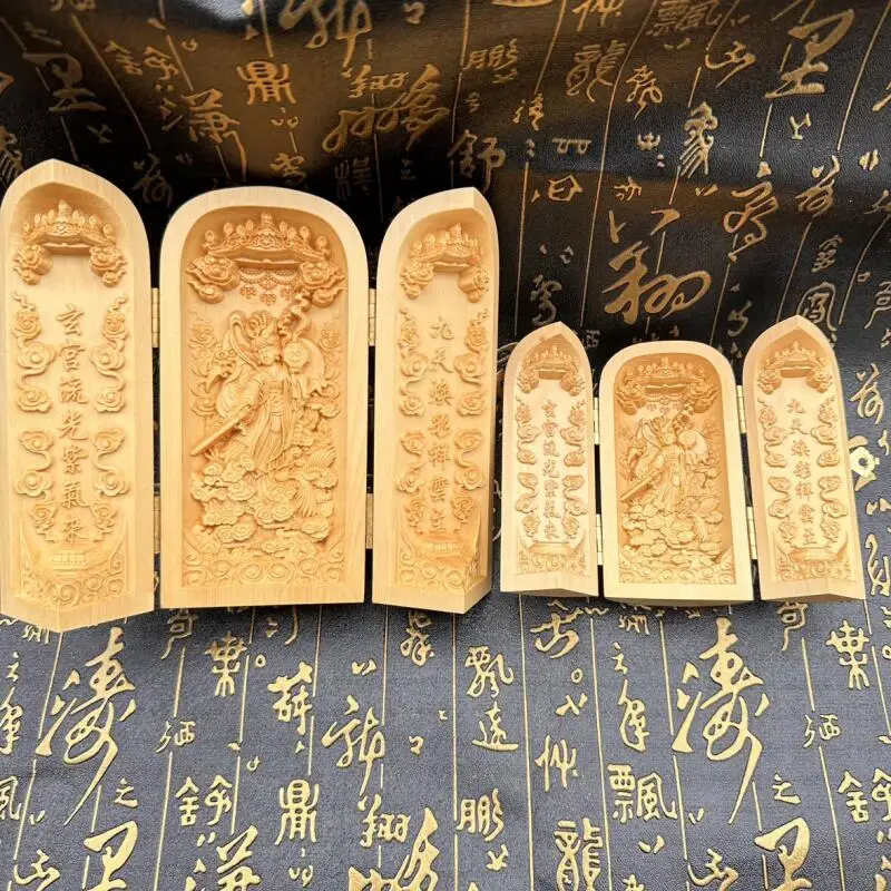 Exquisite boxwood carvings Jiutian Xuan NU deity statue three openings Box Taoist supplies home desktop decorations