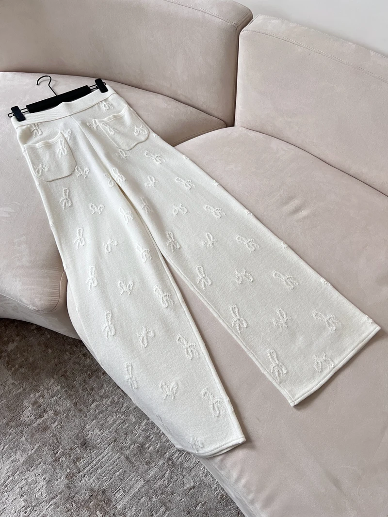 

Loose Casual Embroidery Knitted Long Pants Elastic Waist Straight Leg Loose Fit Autumn New Sle White Versatile Tr...