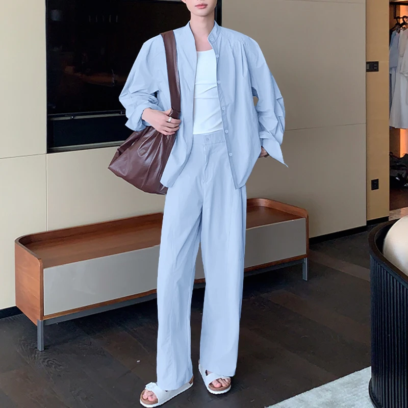 INCERUN Мужские комплекты, однотонная рубашка с длинным рукавом и брюки, комплекты из двух предметов, уличная одежда, свободные модные повседневные мужские костюмы 2025 года-5XL